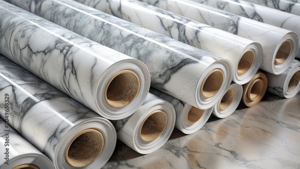 Fototapeta premium Rolls of adhesive marble contact paper in white and grey tones