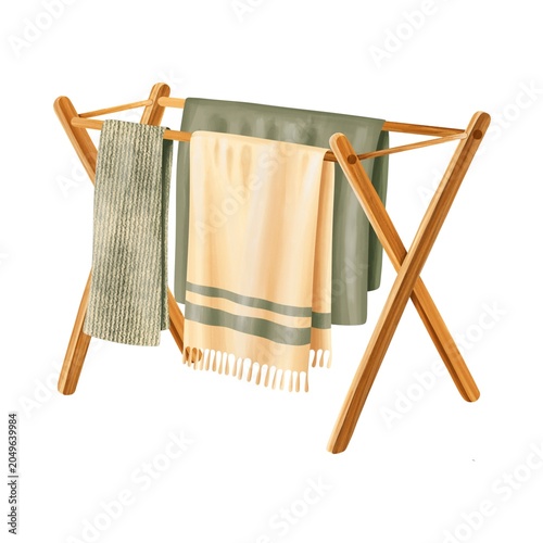 Valokuva Foldable drying rack with towels isolated on white background
