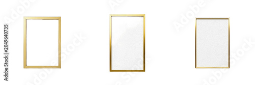 Set of Blank Gold Picture Frames Isolated on White Background, Modern Minimalist Rectangular Frames for Art, Photography, Posters or Interior Mockups, Elegant Metallic Border Elements, PNG Stock Image