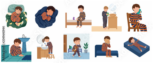 Tableau sur toile Little boy in pajamas with toothache and feeling unwell health illustration set