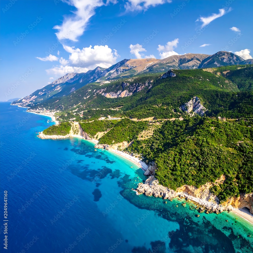 Obraz premium Aerial view of a stunning coastline with turquoise waters and mountains