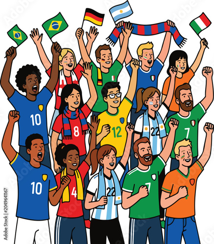 Diverse Group of International Football Fans Cheering Cartoon Vector