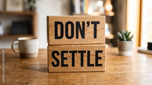 Wooden blocks with don't settle message on desk in minimalist home office setting