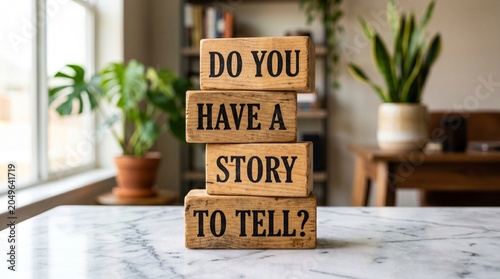 Handwritten motivational message on stacked wooden blocks in bright home office setting