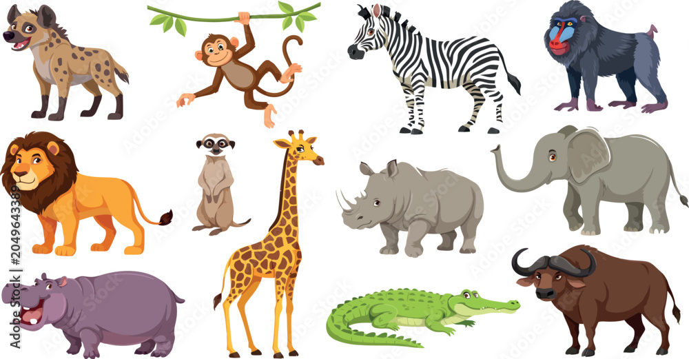 Fototapeta premium African Safari Wild Animal Illustration Set with Lion, Elephant, Giraffe, and Zebra Characters for Children Educational Books, Zoo Banners, and Kids Room Wallpaper Designs