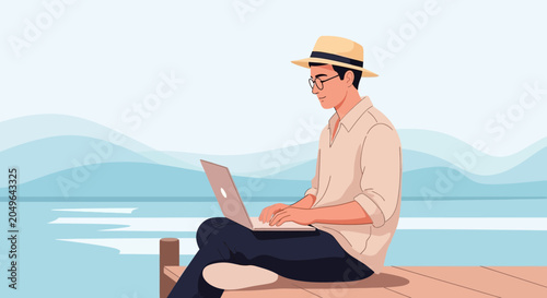 Man wearing a hat and glasses working on a laptop on a dock by the water, remote work concept.