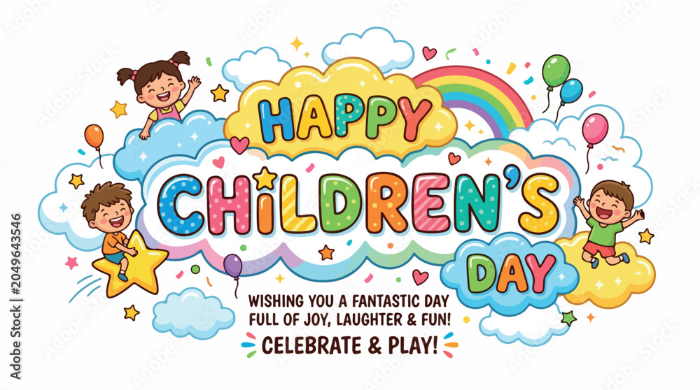 Fototapeta premium Colorful children's day celebration banner with joyful cartoon kids, rainbow and fluffy clouds in a playful illustration