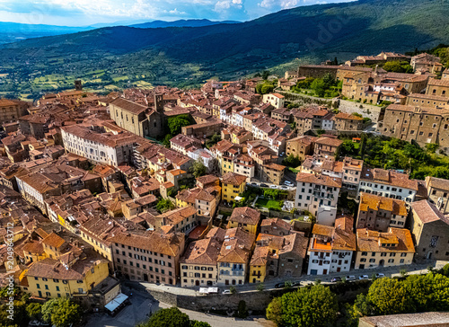 Aerial view of Cortona, a town in the province of Arezzo, Tuscany, Italy.