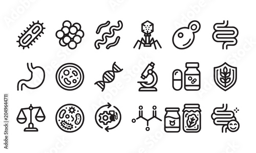Microbiome vector line icons. gut health, bacteria, and immune system research.