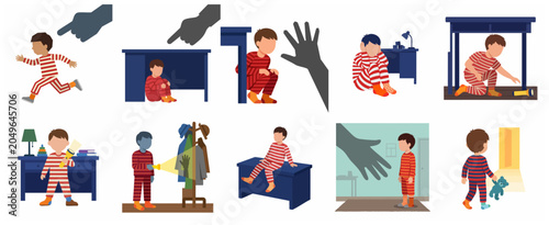 Fotografija Set of illustrations depicting childhood fears and nightmares, little boy in paj