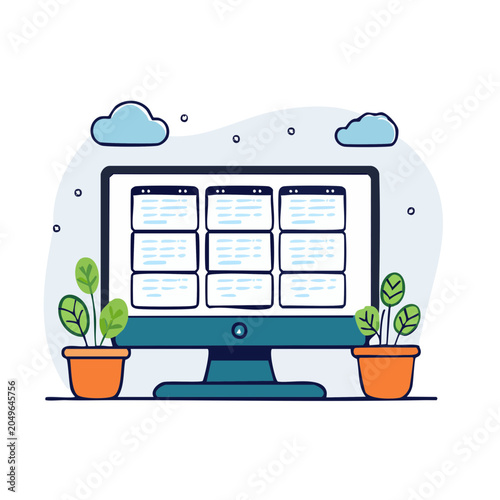 Flat design illustration of a computer screen with multiple windows
