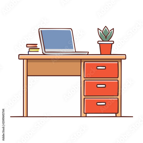 Flat design illustration of a desk with a laptop, books, and plant