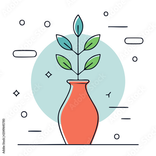 Flat design illustration of a green plant in a coral vase