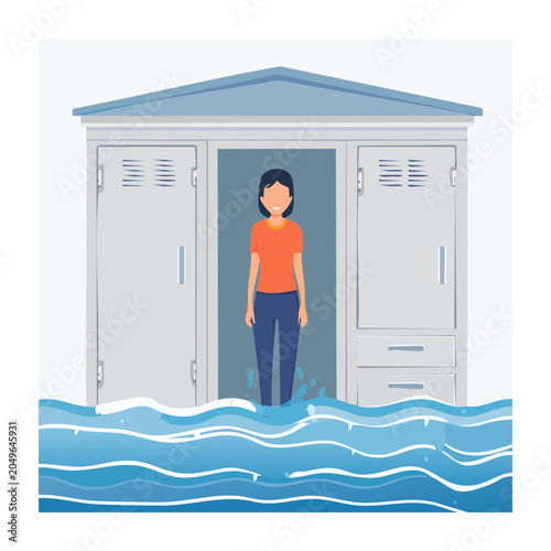 Person standing in flooded locker room with water damage