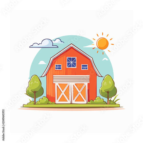 Red barn with trees and sun in flat design style