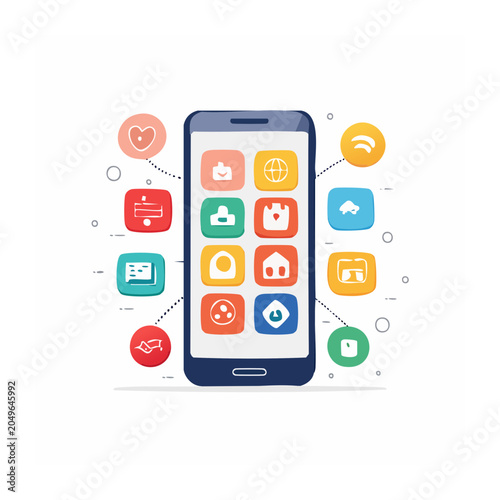 Smartphone displaying various application icons in flat design