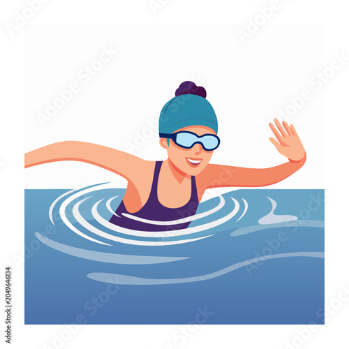 Woman swimming in water wearing goggles and cap
