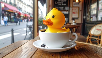 Giant Yellow Rubber Duck Floating Majestically in a White Coffee Cup on a Wooden Table at a Cafe