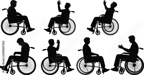 Collection of silhouettes of people in wheelchairs in various poses and activities disability accessibility