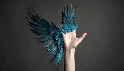Human hand transforming into elegant blue bird wings, a striking surreal fantasy art concept