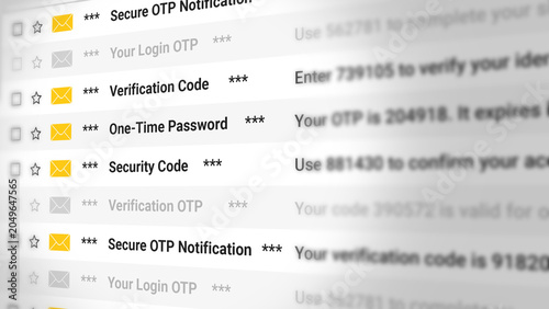 Secure OTP Notification Email Scrolling List. Login OTP, Verification Code, One Time Password, Security Code, Authentication Messages, Account Security and User Protection Updates. 2D Illustration