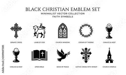 Black minimalist vector Christian emblem set, featuring faith symbols like ornate cross, dove, bible, chalice, crown of thorns, church silhouette.