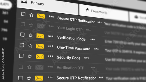 Secure OTP Notification Email Scrolling List on Dark Background. Login OTP, Verification Code, One Time Password, Security Code, Authentication Messages, Account Security. 2D Illustration