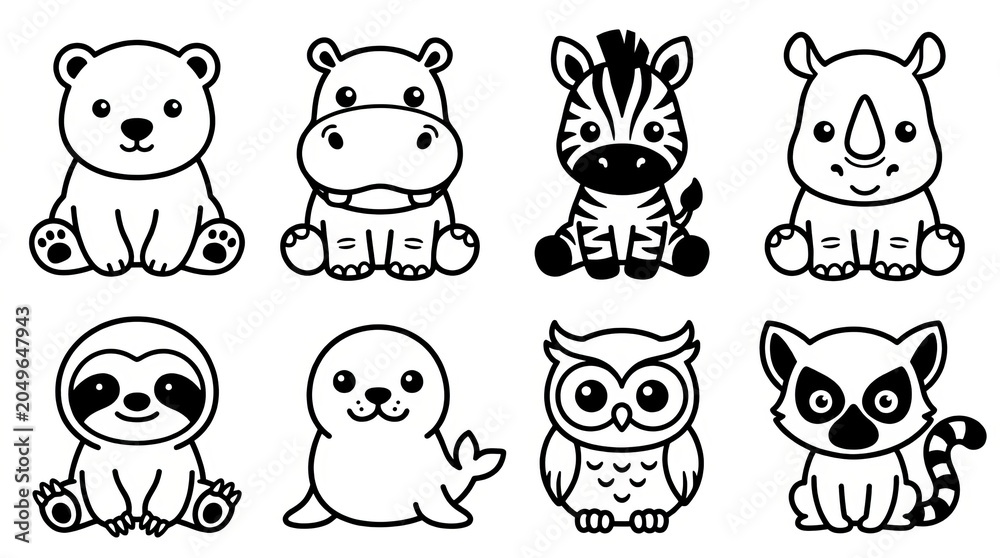 Fototapeta premium Collection of adorable cartoon animals, including a polar bear, hippo, zebra, and rhino.