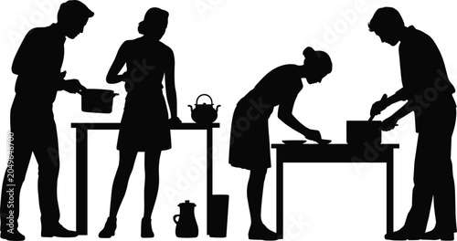 Silhouette of four people preparing food in a kitchen on white background cooking
