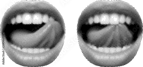 Schilderij op canvas Open human mouth with tongue licking upper teeth set with black and white halfto