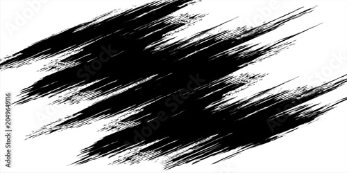 Black ink brush stroke texture with splatter effects on white background