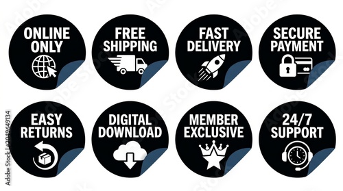Collection of round black stickers with white icons and text for online shopping benefits