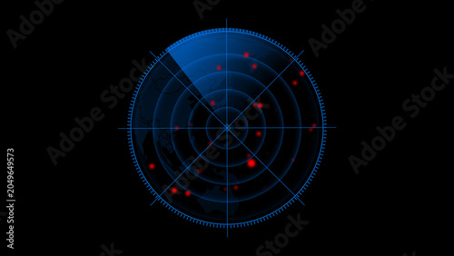 High-tech military radar screen is scanning air traffic and sea area boats and ships with artificial intelligence alert with red dots