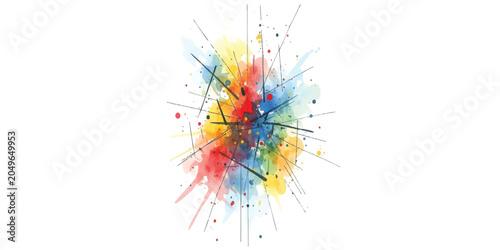 Fotografie Colorful watercolor paint splash with black ink lines and artistic ink splatter