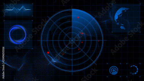 High-tech military radar screen is scanning air traffic and sea area boats and ships with artificial intelligence alert with red dots
