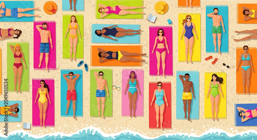 Vibrant seamless pattern of diverse people sunbathing on a sandy beach. Top view of men and women in swimsuits relaxing on colorful towels by the seashore during summer vacation. Vector illustration.