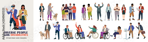 Tableau sur toile Diverse people with disabilities character set featuring wheelchair users, blind people, prosthetic limbs, hearing aids, crutches, canes, service dog support and senior adults