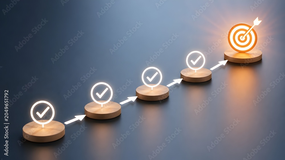Obraz premium Ascending wooden steps with glowing checkmarks leading to target bullseye, symbolizing milestone achievements, progress tracking and final goals