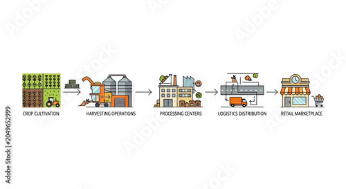 Food Supply Chain Process Infographic Showing Crop Cultivation, Harvesting, Processing, Logistics and Retail Marketplace Stages