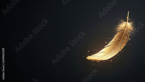Luminous golden feather drifting slowly against pitch black background.