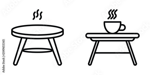 Coffee Table Line Icons Set – Modern Round and Rectangle Table with Hot Cup Outline Vector Illustration, Furniture Symbol Collection with Editable Stroke for Interior Design and Home Decor Concepts