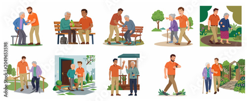Fotografia Set of vector illustrations showing a male caregiver or volunteer assisting elderly people in various daily activities, focusing on elder care and social support