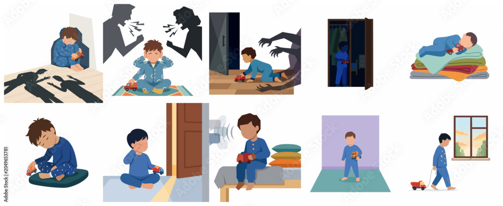 Fototapeta premium Childhood trauma and domestic conflict concept illustration set showing a boy experiencing fear, loneliness, and anxiety at home.