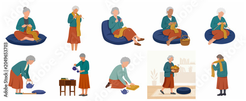 Foto Collection of elderly women characters engaged in various home activities like knitting and drinking tea
