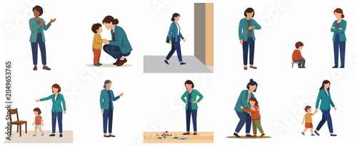 Set of flat vector illustrations depicting a working mother balancing professional career and parenting responsibilities.