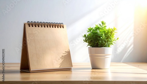 Blank desk calendar and small potted plant on sunlit wooden table