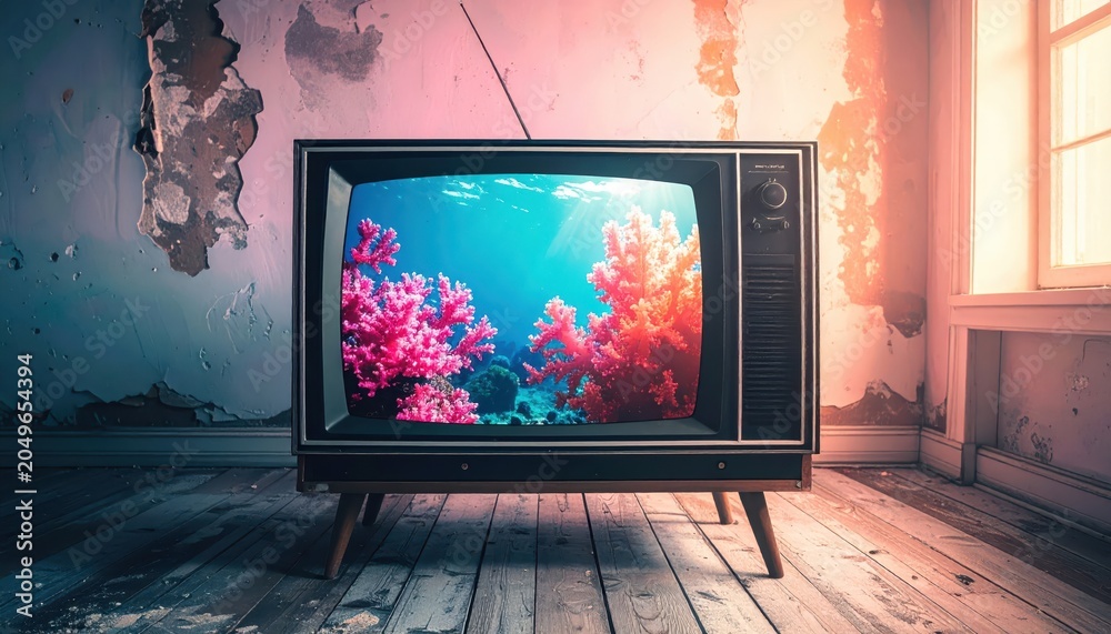 Fototapeta premium Old fashioned black and white television set displaying a vibrant underwater coral reef scene