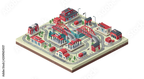 Isometric Miniature Railway Layout with Train Tracks, Bridges, and Industrial Buildings for Logistics and Transport Concepts