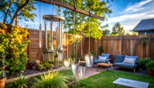 Unique silver wind chimes crafted from cutlery, adorning a sunny backyard garden with gentle, melodic sounds.