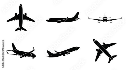 Set of Black Airplane Silhouettes Showing Various Flight Angles and Aerial Perspectives for Travel and Aviation Design